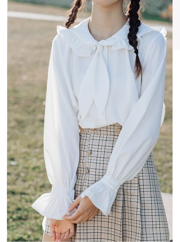 Japans wit overhemd met lange mouwen en strik Buig kawaii