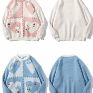 Japanese Heart Embroidered Round Neck Sweater Couple kawaii
