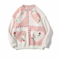 일본식 하트 자수 라운드 넥 스웨터 커플 귀엽다