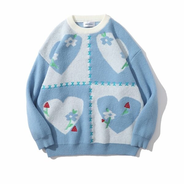 일본식 하트 자수 라운드 넥 스웨터 커플 귀엽다