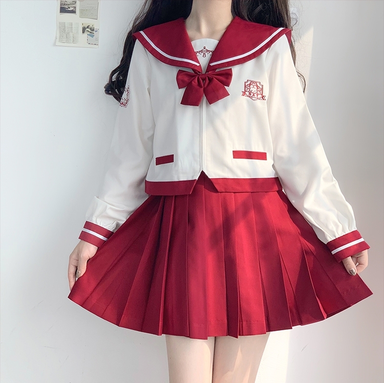 Conjunto de saia japonesa JK Sailor Japonês vermelho