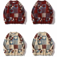 日本のレトロチェック柄ラウンドネックセーター日本のかわいい