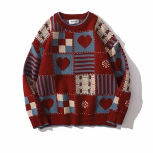 Japanese Retro Plaid Round Neck Sweater Japanese kawaii