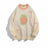 Japanese Retro Strawberry Embroidery Pullover Sweater Couple kawaii