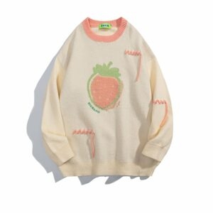 Jersey japonés Retro con bordado de fresa, suéter para pareja kawaii