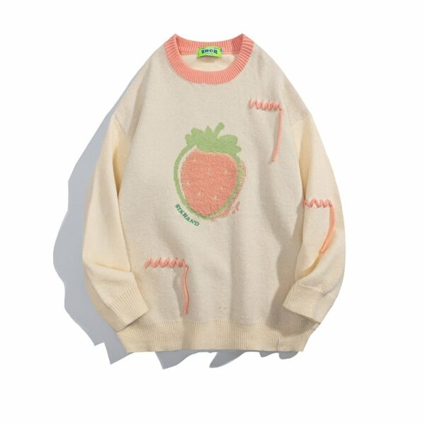 Suéter japonés retro con bordado de fresas pareja kawaii