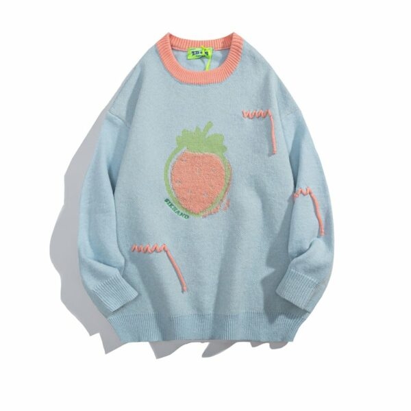 Japanese Retro Strawberry Embroidery Pullover Sweater Couple kawaii
