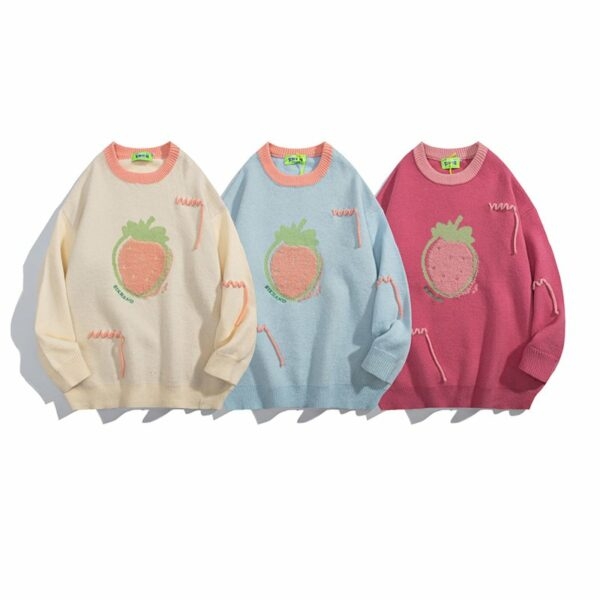 일본 복고풍 딸기 자수 풀오버 스웨터 커플 귀엽다