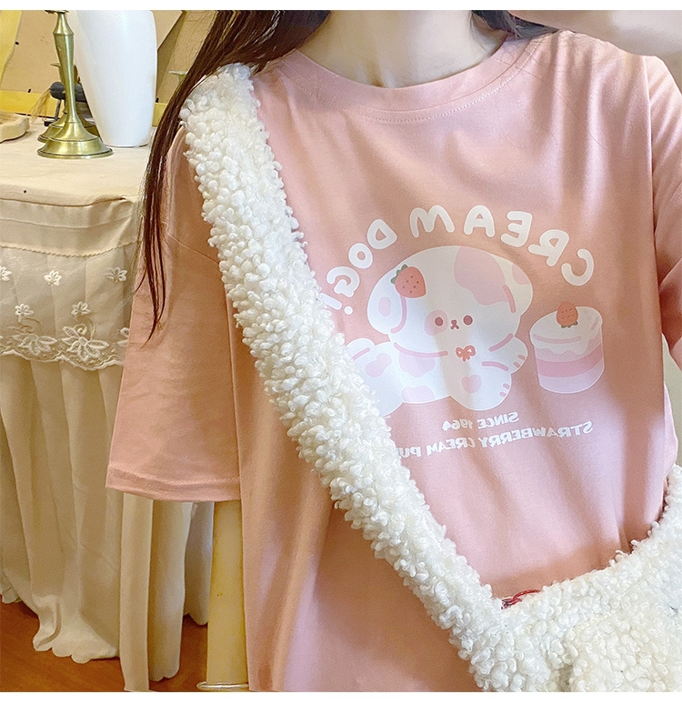 Japanese Soft Girl Style Cartoon Puppy Print Pink T-shirt