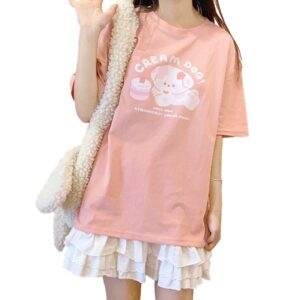 Japanisches weiches Mädchen-Art-Karikatur-Welpen-Druck-Rosa-T-Shirt