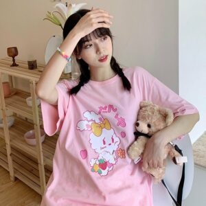 한국 패션 올 매치 핑크 티셔츠 한국어 카와이