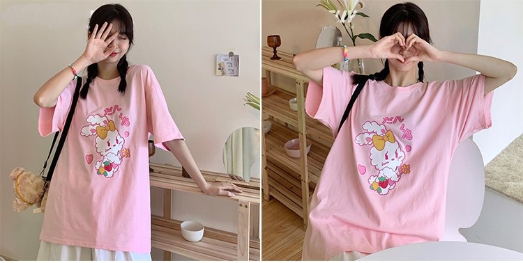 韓国ファッションオールマッチピンクTシャツ