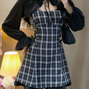 Vestido de verão preto xadrez com alça na cintura Vestido kawaii