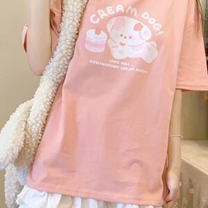 Japanese Soft Girl Style Cartoon Puppy Print Pink T-shirt Cute kawaii