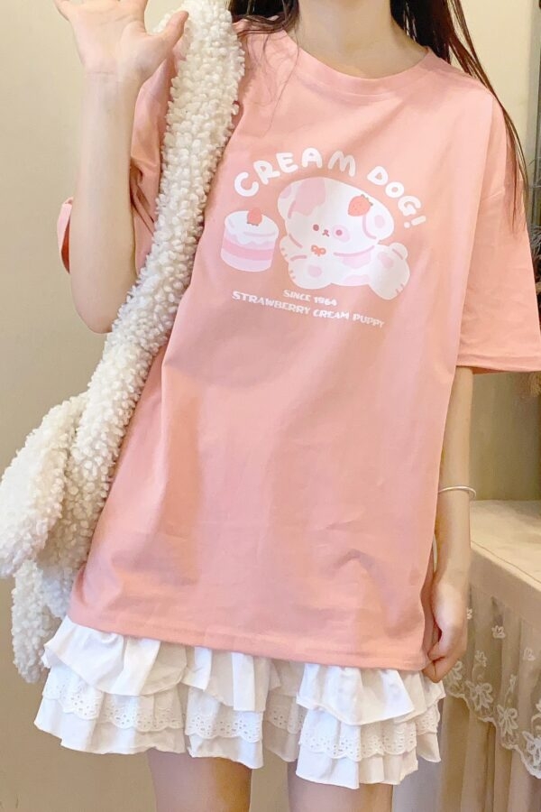 Rosa T-Shirt mit japanischem Soft-Girl-Cartoon-Welpen-Print Süßes Kawaii