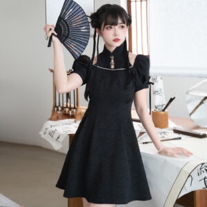 Chinese Style Summer Puff Sleeve Dress Kinesisk stil kawaii