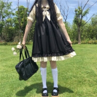 Vestido japonês doce com gola de boneca macia Saia evasê kawaii