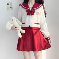 Conjunto de saia japonesa vermelha JK Sailor Suit outono kawaii
