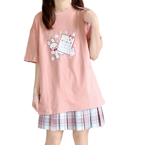 元の日本のピンクの漫画のウサギの T シャツ
