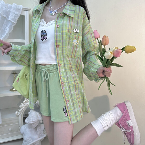 Miękka dziewczęca koszula w zielone paski jesienne kawaii