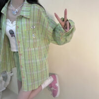 Soft Girl Style Green Striped Shirt autumn kawaii