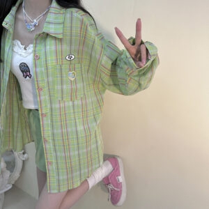Soft Girl Style Green Striped Shirt autumn kawaii