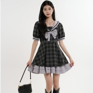 Sweet Preppy Puff Sleeve Dress College Style kawaii