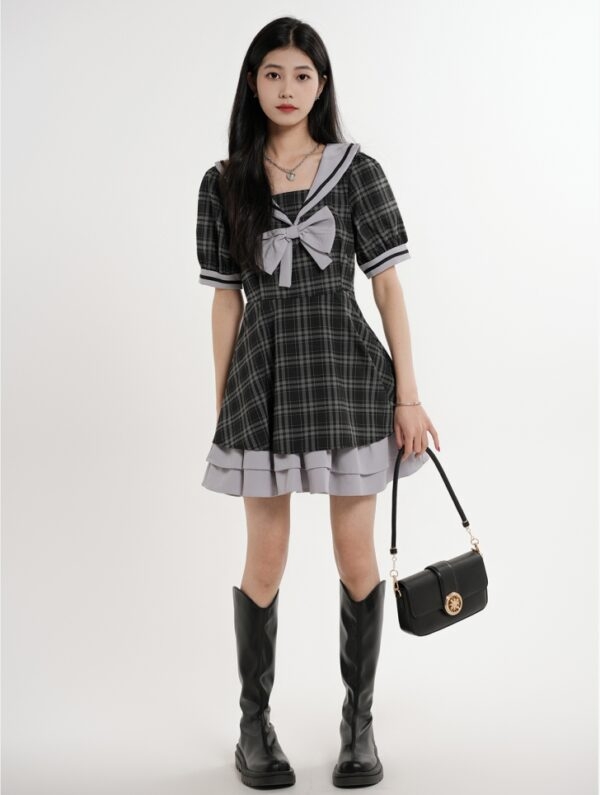 Słodka sukienka z bufiastymi rękawami Kawaii w stylu studenckim