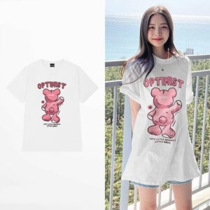 T-Shirt imprimé ours de dessin animé rose, Style doux, ours kawaii