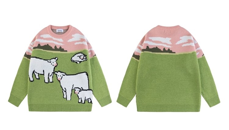 Suéter de cuello redondo suelto bordado de vaca vintage 11