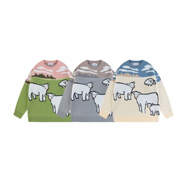 Suéter de cuello redondo suelto con bordado de vaca vintage 2