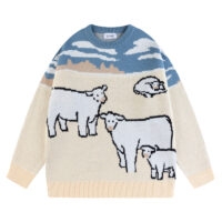 Винтажный свободный свитер с круглым вырезом и вышивкой коровы пары каваи