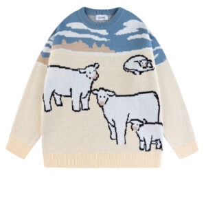 Vintage Cow Embroidered Loose Crew Neck Sweater couples kawaii