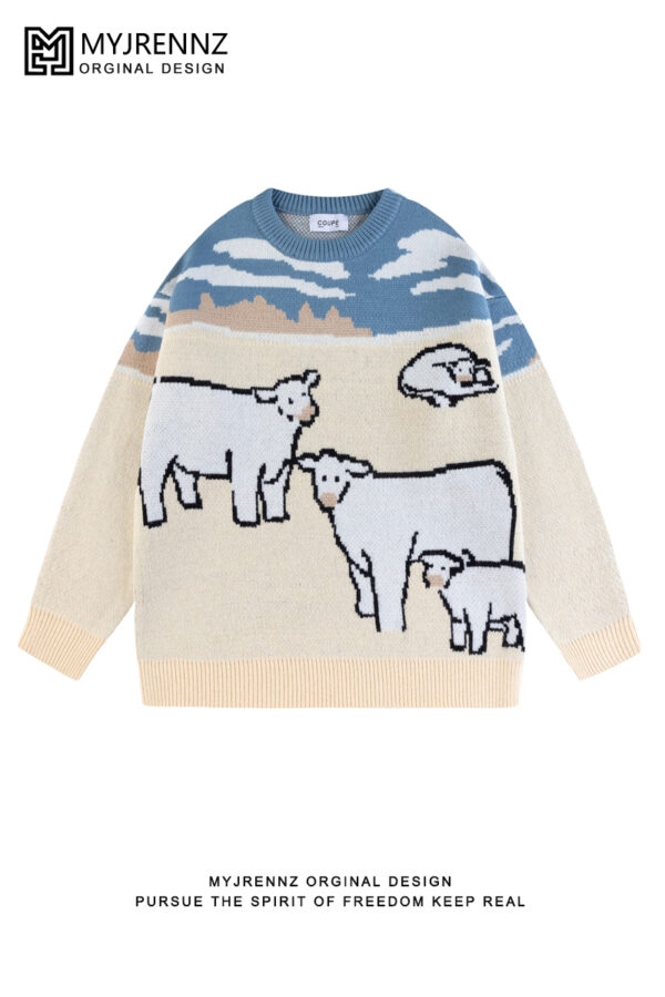 Suéter de cuello redondo suelto con bordado de vaca vintage 1