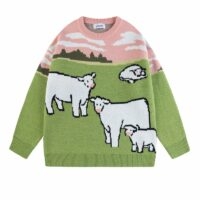 Винтажный свободный свитер с круглым вырезом и вышивкой коровы пары каваи