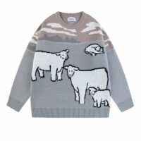 Luźny sweter z okrągłym dekoltem w stylu vintage z haftowaną krową kawaii par