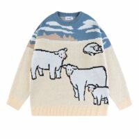 Suéter vintage com gola redonda bordada de vaca casais kawaii