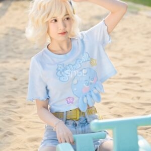 Camiseta Boneca Polvo Fofa de Desenho Animado Garota Mori kawaii