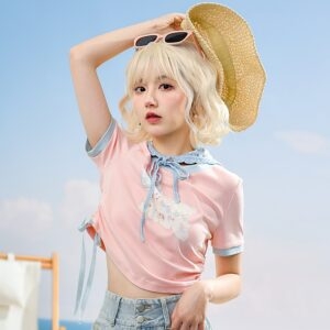 Cute Pink Color Short Sleeve T-shirt contrasting color kawaii