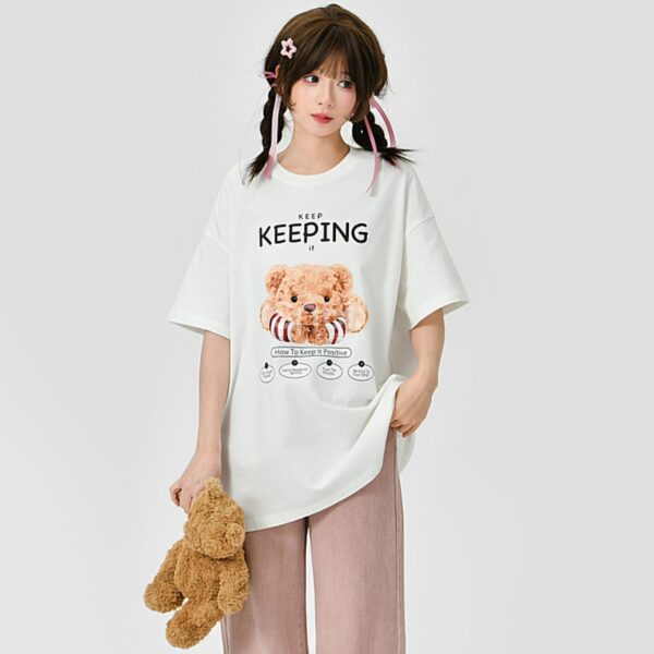 Cute Teddy Bear Graphic Print Round Neck T-shirt - Kawaii Fashion Shop ...