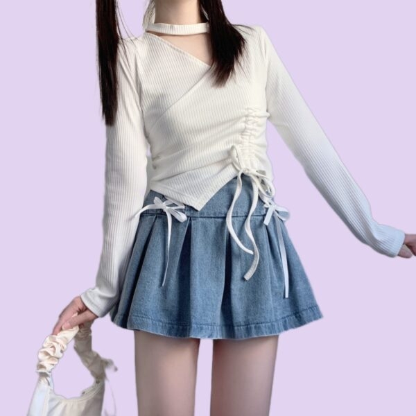 Niebieska dżinsowa krótka spódniczka w stylu dziewczęcym Spódnica dżinsowa kawaii