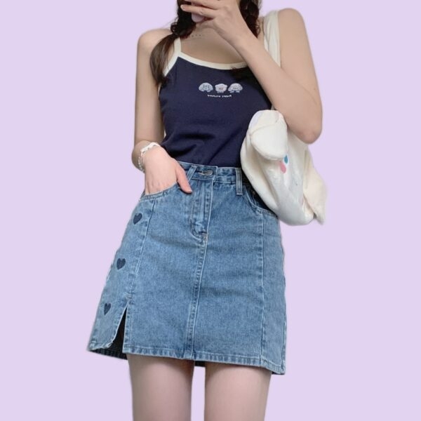 Джинсовая юбка однотонного цвета с вышивкой сердца для девочек базовый стиль каваи