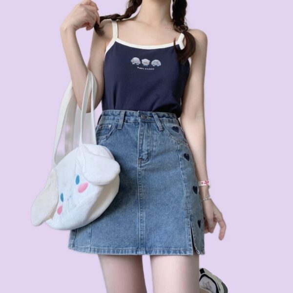 Girls Solid Color Heart Embroidered Denim Skirt basic style kawaii