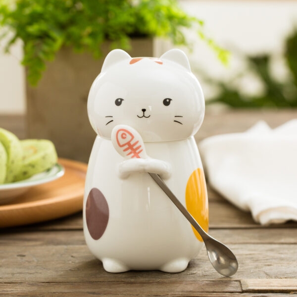 كوب قهوة كاواي ياباني على شكل قطة مع ملعقة كارتون كاواي