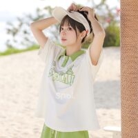Mori Girl Style Green Contrast Polo T-Shirt Green kawaii