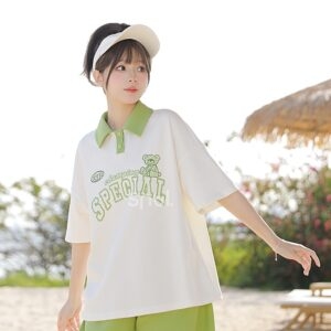 Mori Girl Style Green Contrast Polo T-Shirt Green kawaii