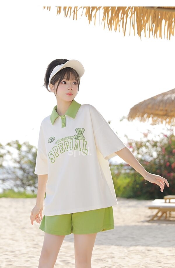 Zielona kontrastowa koszulka polo w stylu Mori Girl Zielony kawaii