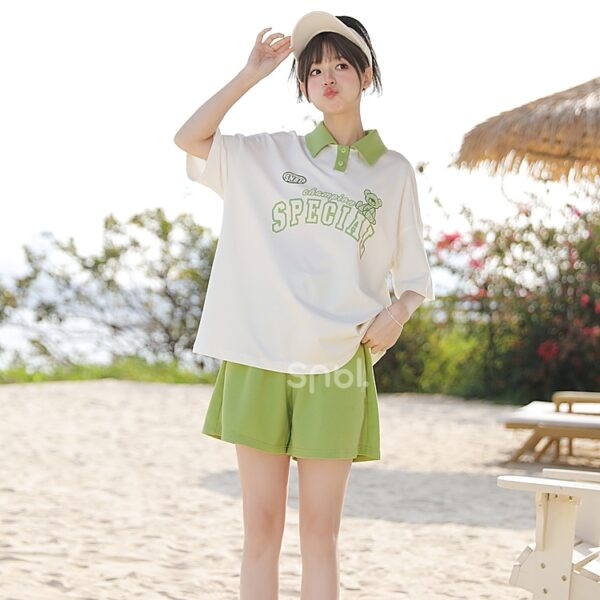 Zielona kontrastowa koszulka polo w stylu Mori Girl Zielony kawaii