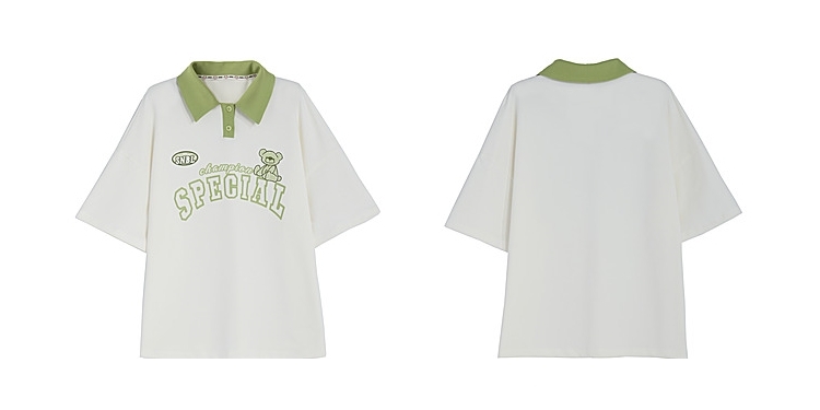 Mori Girl Style T-shirt polo contrastant vert
