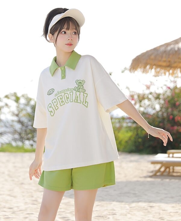 Mori Girl Style Grön Kontrast Polo T-shirt Grön kawaii